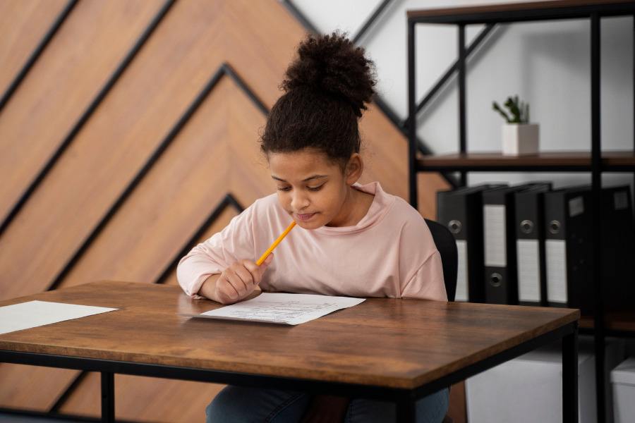 Menina na escola fazendo uma prova. Ela está segurando um lápis. Representação da dislexia a escrita da criança.