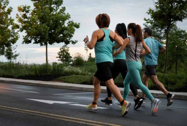 Grupo de pessoas correndo ao ar livre. Representação de Corrida e caminhada: um pequeno guia sobre seus efeitos para o corpo.